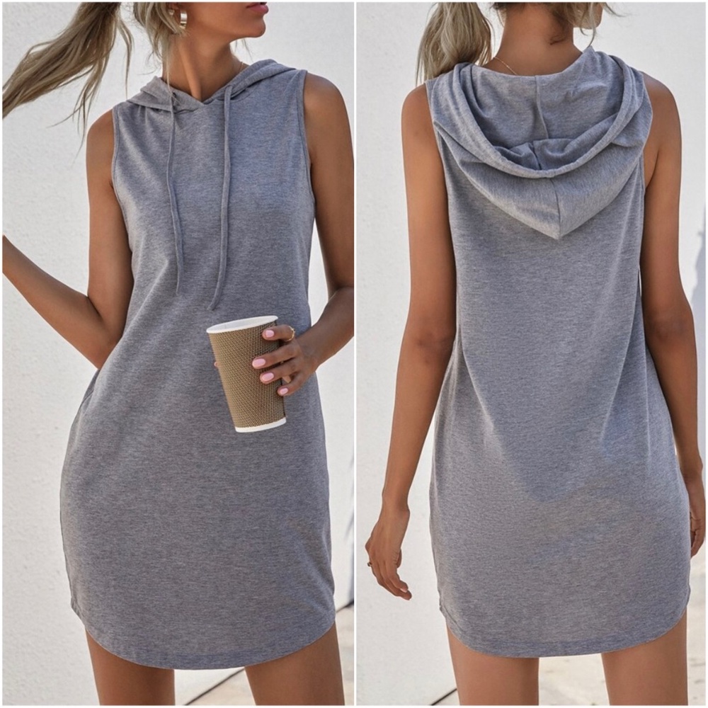 Cozy Grey Minimalist Sleeveless Hoodie Casual Dress - Picture 1 of 4